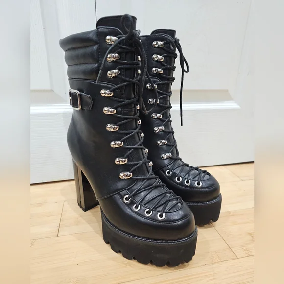 Dolls Kill Punk Goth Azalea Wang Mel Black Lace Up Buckle Mel Ankle Boots 9 New - Picture 8 of 10